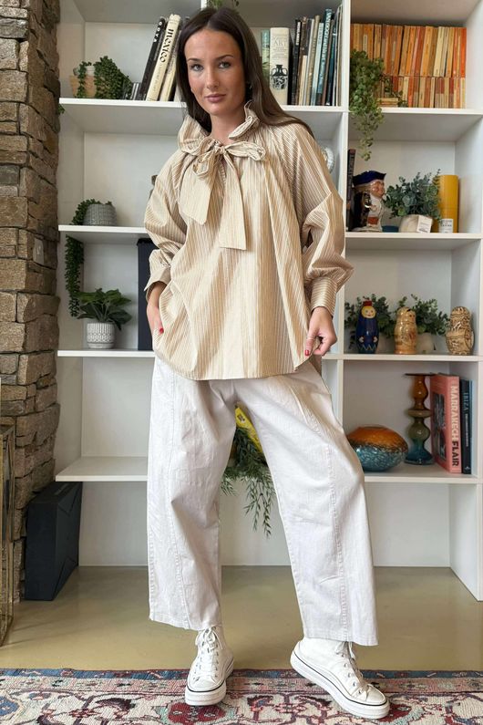 Zeta Otto Pinstripe Pussy Bow Blouse Latte